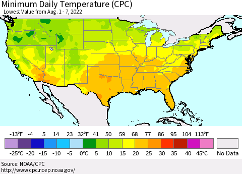 United States Extreme Minimum Temperature (CPC) Thematic Map For 8/1/2022 - 8/7/2022