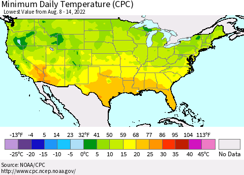 United States Minimum Daily Temperature (CPC) Thematic Map For 8/8/2022 - 8/14/2022