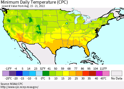 United States Minimum Daily Temperature (CPC) Thematic Map For 8/15/2022 - 8/21/2022