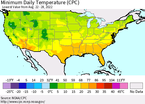 United States Minimum Daily Temperature (CPC) Thematic Map For 8/22/2022 - 8/28/2022
