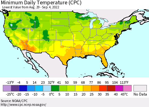 United States Minimum Daily Temperature (CPC) Thematic Map For 8/29/2022 - 9/4/2022
