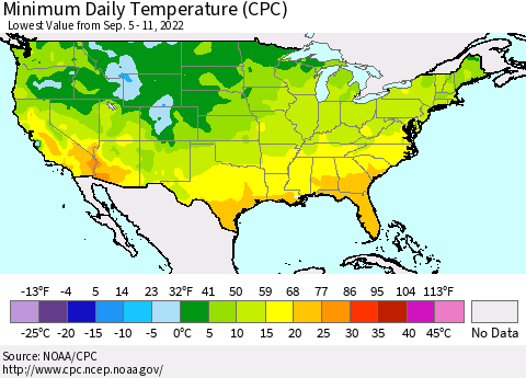 United States Minimum Daily Temperature (CPC) Thematic Map For 9/5/2022 - 9/11/2022