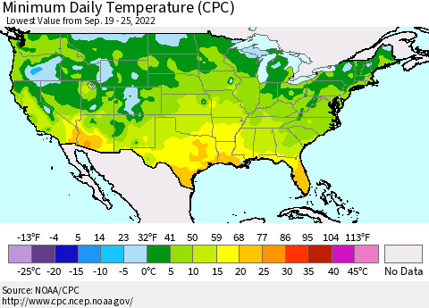 United States Minimum Daily Temperature (CPC) Thematic Map For 9/19/2022 - 9/25/2022