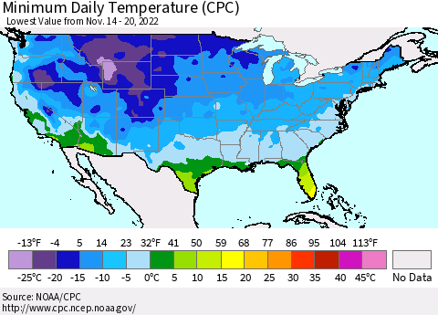 United States Minimum Daily Temperature (CPC) Thematic Map For 11/14/2022 - 11/20/2022