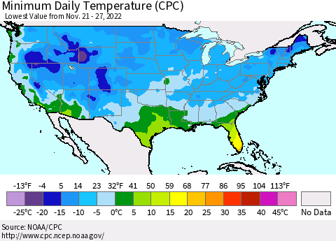 United States Minimum Daily Temperature (CPC) Thematic Map For 11/21/2022 - 11/27/2022