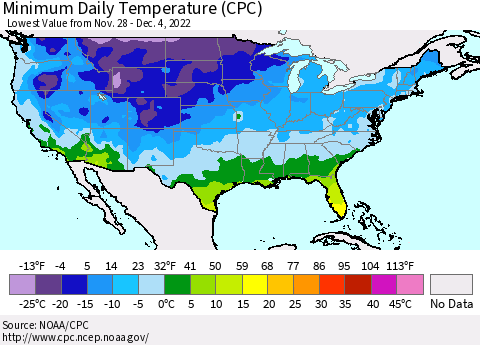 United States Minimum Daily Temperature (CPC) Thematic Map For 11/28/2022 - 12/4/2022
