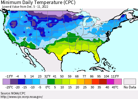 United States Minimum Daily Temperature (CPC) Thematic Map For 12/5/2022 - 12/11/2022