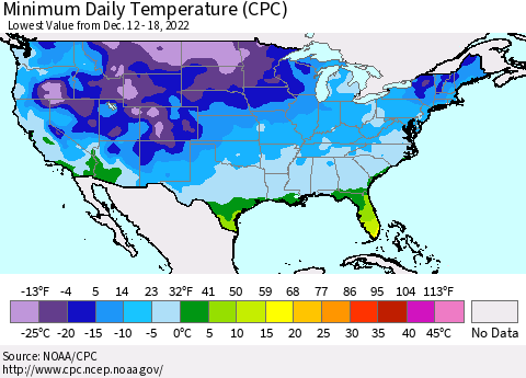 United States Minimum Daily Temperature (CPC) Thematic Map For 12/12/2022 - 12/18/2022