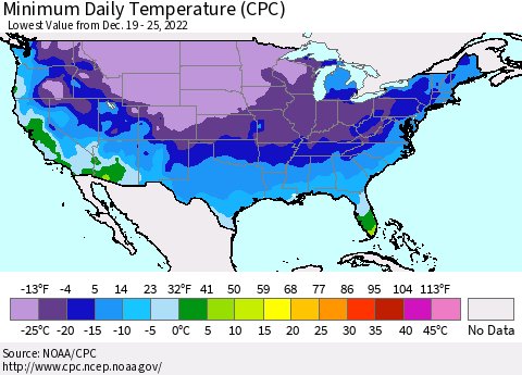 United States Minimum Daily Temperature (CPC) Thematic Map For 12/19/2022 - 12/25/2022