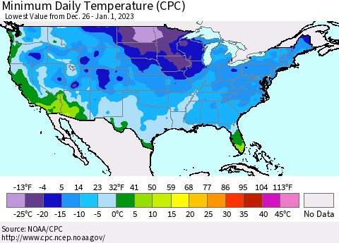 United States Minimum Daily Temperature (CPC) Thematic Map For 12/26/2022 - 1/1/2023