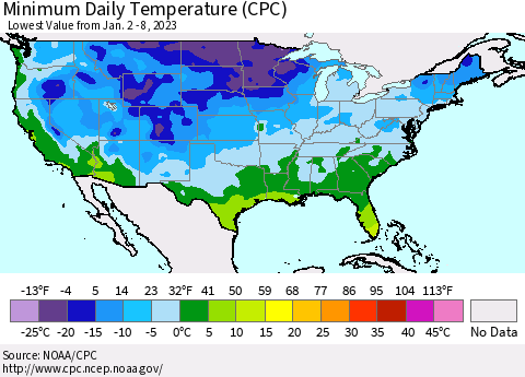 United States Minimum Daily Temperature (CPC) Thematic Map For 1/2/2023 - 1/8/2023
