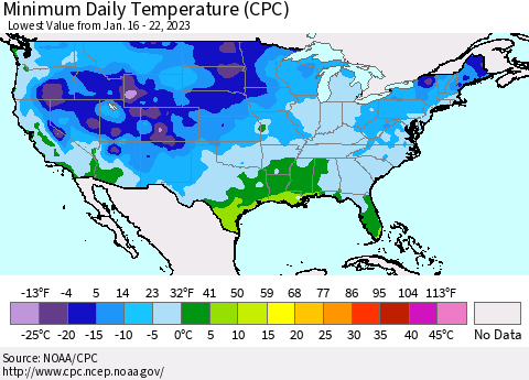 United States Minimum Daily Temperature (CPC) Thematic Map For 1/16/2023 - 1/22/2023