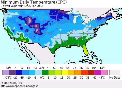 United States Minimum Daily Temperature (CPC) Thematic Map For 2/6/2023 - 2/12/2023