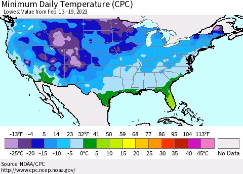 United States Minimum Daily Temperature (CPC) Thematic Map For 2/13/2023 - 2/19/2023