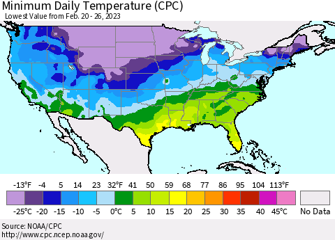 United States Minimum Daily Temperature (CPC) Thematic Map For 2/20/2023 - 2/26/2023