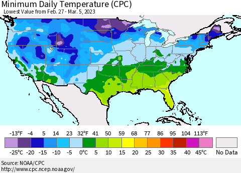 United States Minimum Daily Temperature (CPC) Thematic Map For 2/27/2023 - 3/5/2023