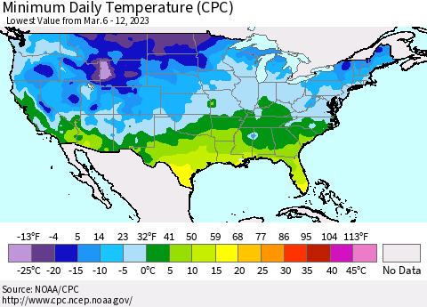 United States Minimum Daily Temperature (CPC) Thematic Map For 3/6/2023 - 3/12/2023