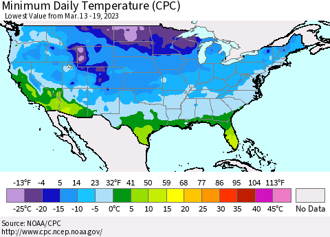 United States Minimum Daily Temperature (CPC) Thematic Map For 3/13/2023 - 3/19/2023