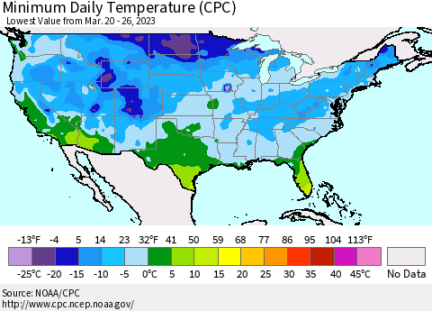 United States Minimum Daily Temperature (CPC) Thematic Map For 3/20/2023 - 3/26/2023