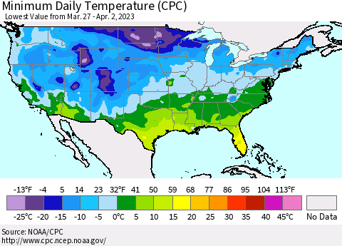 United States Minimum Daily Temperature (CPC) Thematic Map For 3/27/2023 - 4/2/2023