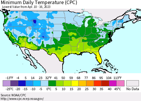 United States Minimum Daily Temperature (CPC) Thematic Map For 4/10/2023 - 4/16/2023