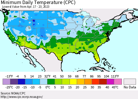 United States Minimum Daily Temperature (CPC) Thematic Map For 4/17/2023 - 4/23/2023