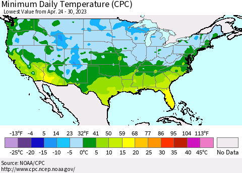 United States Minimum Daily Temperature (CPC) Thematic Map For 4/24/2023 - 4/30/2023