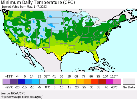 United States Minimum Daily Temperature (CPC) Thematic Map For 5/1/2023 - 5/7/2023
