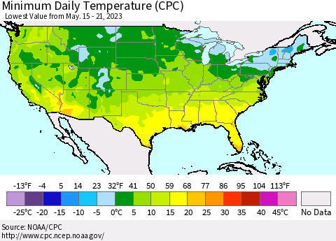 United States Minimum Daily Temperature (CPC) Thematic Map For 5/15/2023 - 5/21/2023