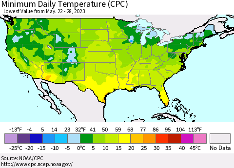 United States Minimum Daily Temperature (CPC) Thematic Map For 5/22/2023 - 5/28/2023