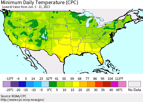 United States Minimum Daily Temperature (CPC) Thematic Map For 6/5/2023 - 6/11/2023