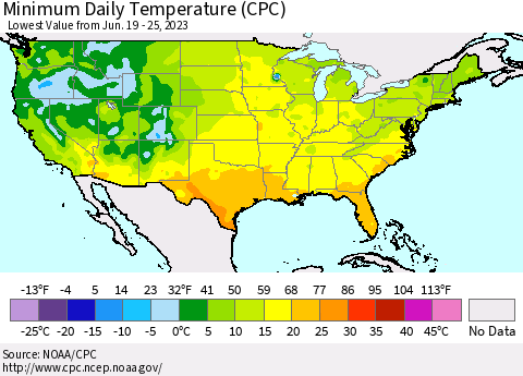 United States Minimum Daily Temperature (CPC) Thematic Map For 6/19/2023 - 6/25/2023