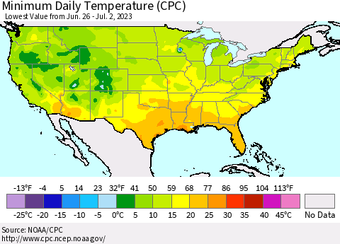 United States Minimum Daily Temperature (CPC) Thematic Map For 6/26/2023 - 7/2/2023