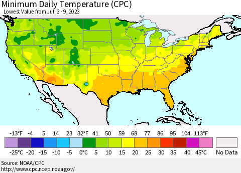 United States Minimum Daily Temperature (CPC) Thematic Map For 7/3/2023 - 7/9/2023