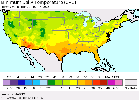 United States Minimum Daily Temperature (CPC) Thematic Map For 7/10/2023 - 7/16/2023
