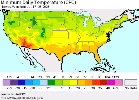 United States Minimum Daily Temperature (CPC) Thematic Map For 7/17/2023 - 7/23/2023