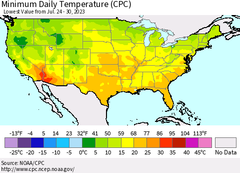 United States Minimum Daily Temperature (CPC) Thematic Map For 7/24/2023 - 7/30/2023