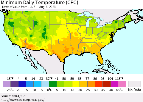 United States Minimum Daily Temperature (CPC) Thematic Map For 7/31/2023 - 8/6/2023