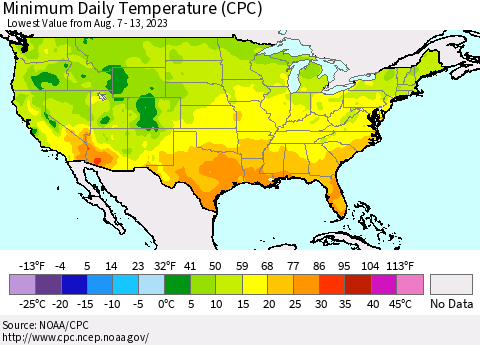 United States Minimum Daily Temperature (CPC) Thematic Map For 8/7/2023 - 8/13/2023