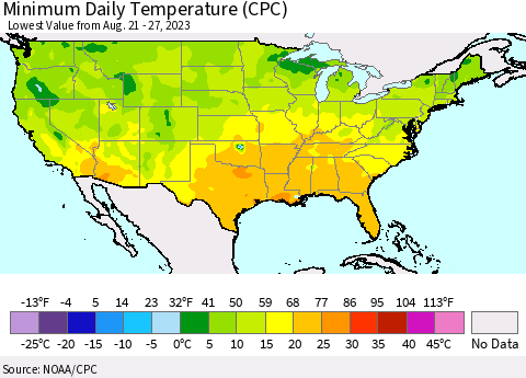 United States Minimum Daily Temperature (CPC) Thematic Map For 8/21/2023 - 8/27/2023