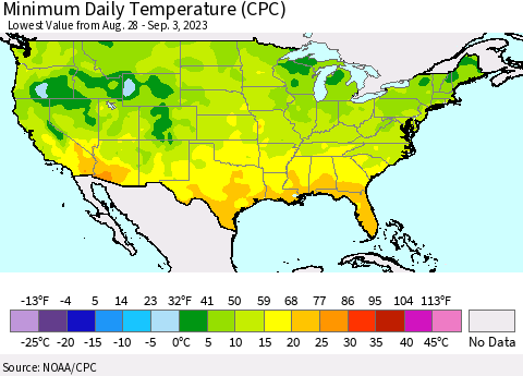 United States Minimum Daily Temperature (CPC) Thematic Map For 8/28/2023 - 9/3/2023