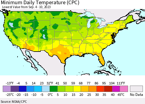 United States Minimum Daily Temperature (CPC) Thematic Map For 9/4/2023 - 9/10/2023