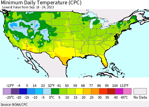 United States Minimum Daily Temperature (CPC) Thematic Map For 9/18/2023 - 9/24/2023
