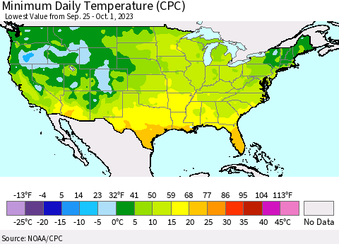 United States Minimum Daily Temperature (CPC) Thematic Map For 9/25/2023 - 10/1/2023
