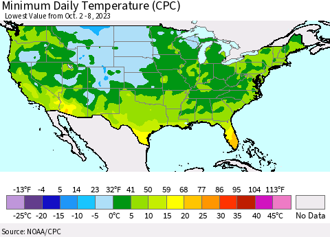 United States Minimum Daily Temperature (CPC) Thematic Map For 10/2/2023 - 10/8/2023