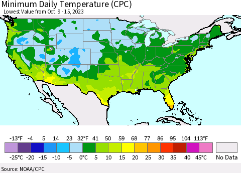 United States Minimum Daily Temperature (CPC) Thematic Map For 10/9/2023 - 10/15/2023