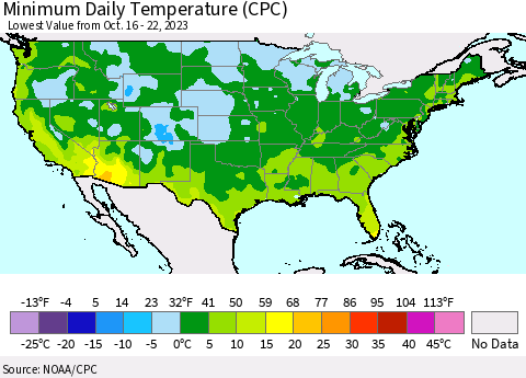 United States Minimum Daily Temperature (CPC) Thematic Map For 10/16/2023 - 10/22/2023