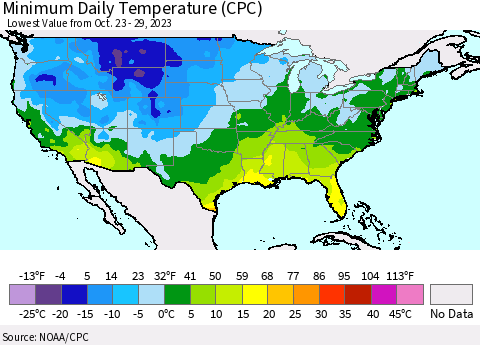 United States Minimum Daily Temperature (CPC) Thematic Map For 10/23/2023 - 10/29/2023