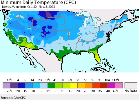 United States Minimum Daily Temperature (CPC) Thematic Map For 10/30/2023 - 11/5/2023