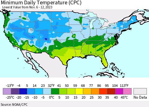 United States Minimum Daily Temperature (CPC) Thematic Map For 11/6/2023 - 11/12/2023